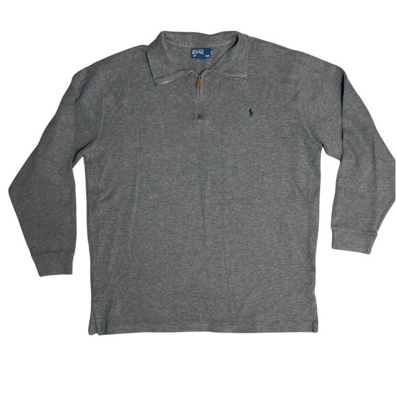 Vintage 90’s Polo Ralph Lauren Gray Quarter Zip Leather Tab Pullover Size XLT - Picture 1 of 9